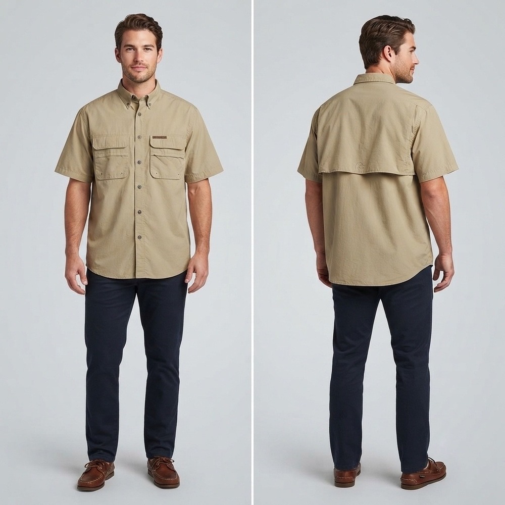 Ducks Unlimited Mens Large Khaki Tan Short Sleeve Vented Fishing Utility Shirt